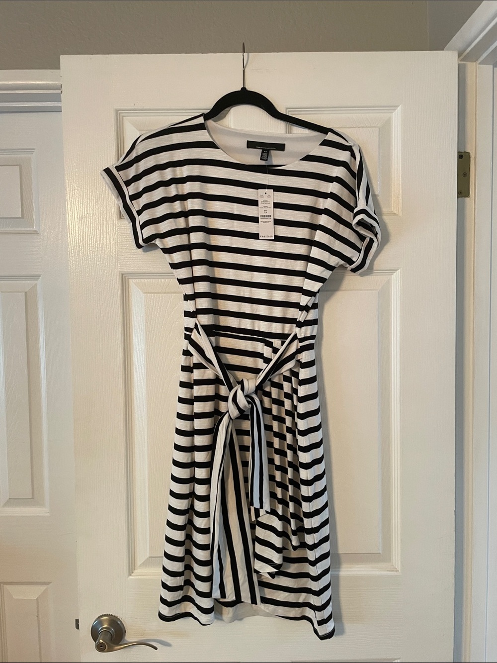 White House Black Market Black & White Striped Tie-Belt Midi Dress